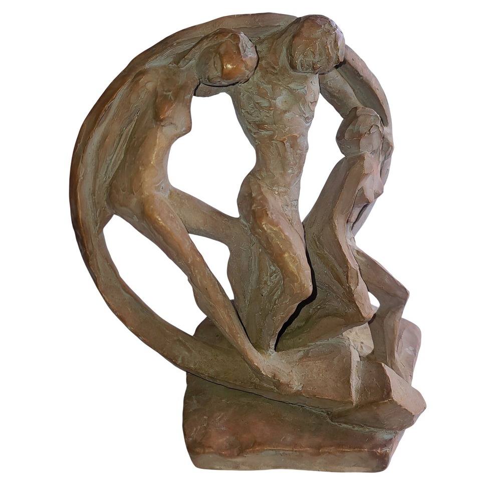 Abstract Brutalist Intertwined Trio Figures Terracotta Tone Statue Alva Replica